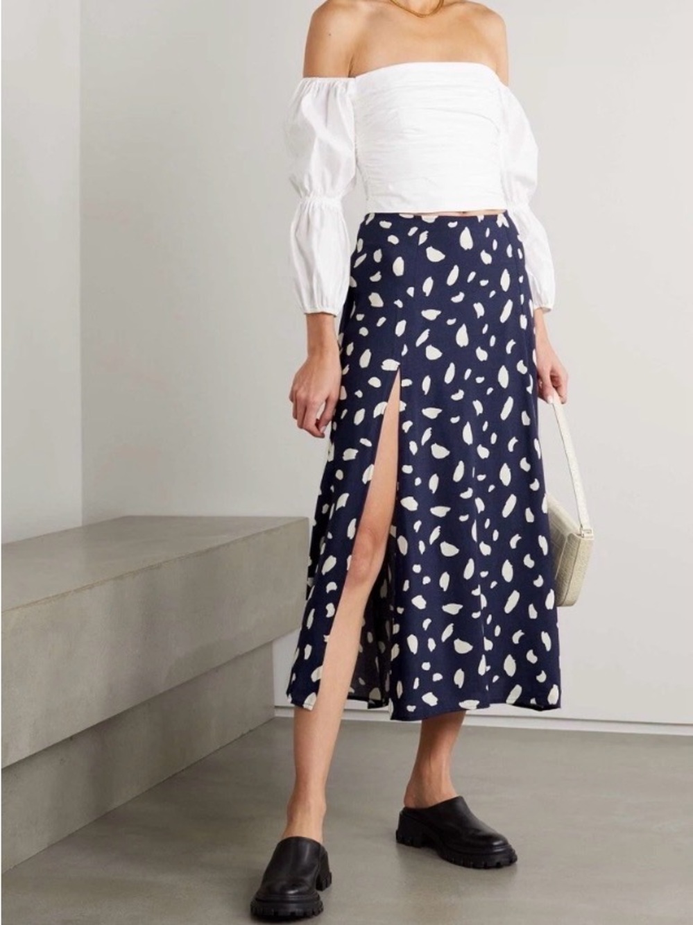 Reformation Zoe skirt navy blue splatter pattern midi size 12